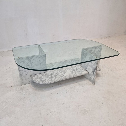 Italian vintage marble and glass coffee table, 1980s