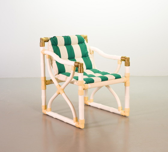 Image 1 of Kettal Garden Faux Bamboo Lounge Chairs With Green White Striped Upholstery and Brass Elements, Set of 2. Spain, 1980s.