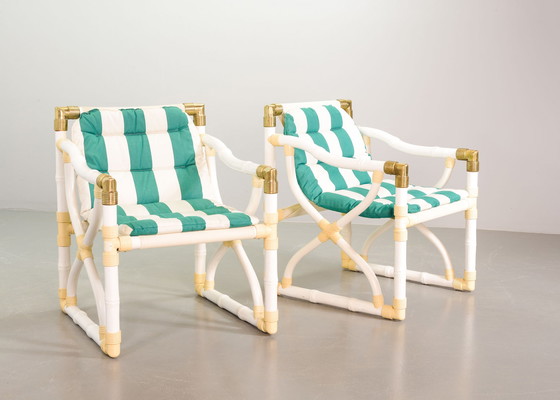 Image 1 of Kettal Garden Faux Bamboo Lounge Chairs With Green White Striped Upholstery and Brass Elements, Set of 2. Spain, 1980s.