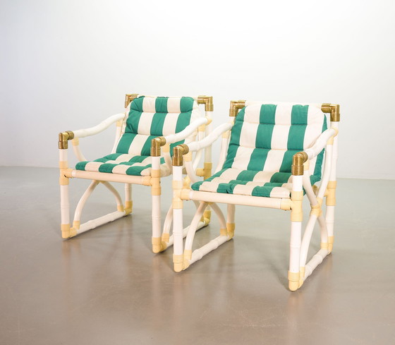 Image 1 of Kettal Garden Faux Bamboo Lounge Chairs With Green White Striped Upholstery and Brass Elements, Set of 2. Spain, 1980s.