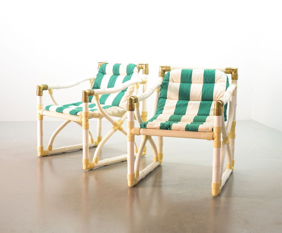 Image 1 of Kettal Garden Faux Bamboo Lounge Chairs With Green White Striped Upholstery and Brass Elements, Set of 2. Espagne, 1980.