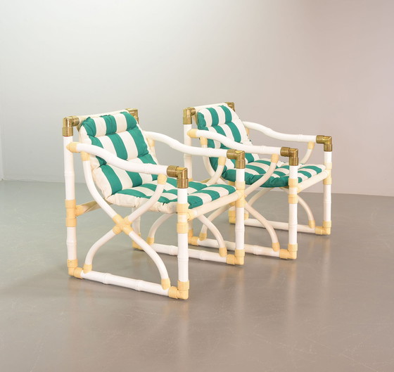 Image 1 of Kettal Garden Faux Bamboo Lounge Chairs With Green White Striped Upholstery and Brass Elements, Set of 2. Espagne, 1980.