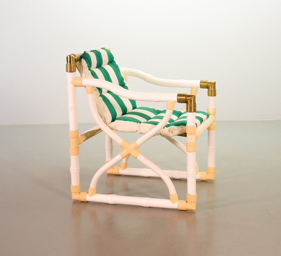 Image 1 of Kettal Garden Faux Bamboo Lounge Chairs With Green White Striped Upholstery and Brass Elements, Set of 2. Espagne, 1980.