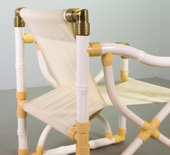 Image 1 of Kettal Garden Faux Bamboo Lounge Chairs With Green White Striped Upholstery and Brass Elements, Set of 2. Spain, 1980s.