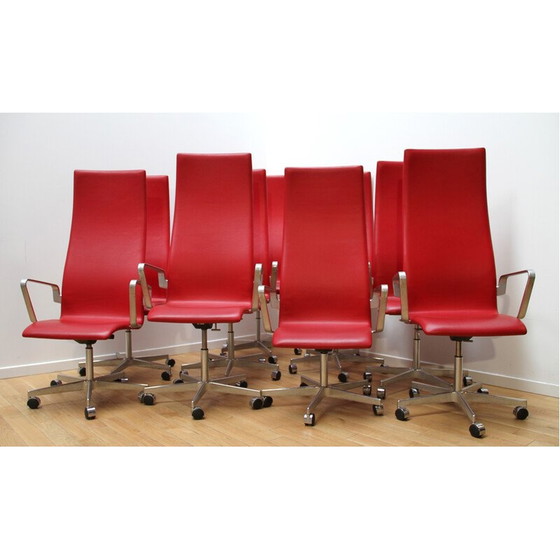 Image 1 of Set of 8 vintage office chairs in chrome aluminum and leather by Arne Jacobsen for Fritz Hansen