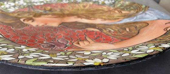 Image 1 of Piatto in terracotta dipinto a mano, Art Nouveau, non firmato. Originale d'epoca.