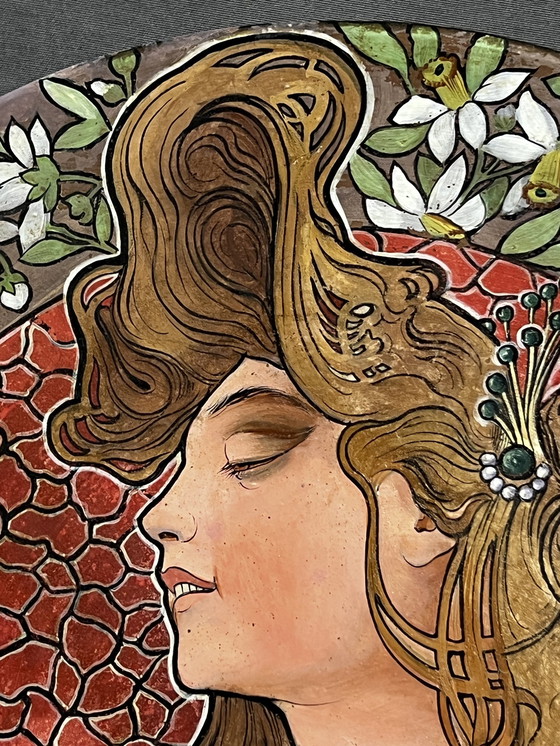 Image 1 of Piatto in terracotta dipinto a mano, Art Nouveau, non firmato. Originale d'epoca.