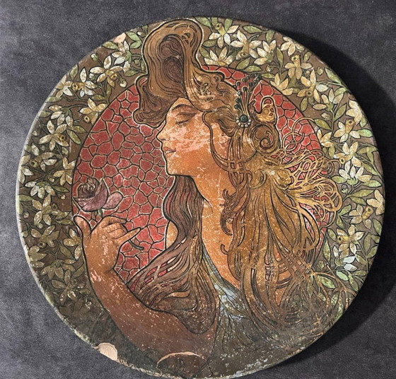 Image 1 of Piatto in terracotta dipinto a mano, Art Nouveau, non firmato. Originale d'epoca.