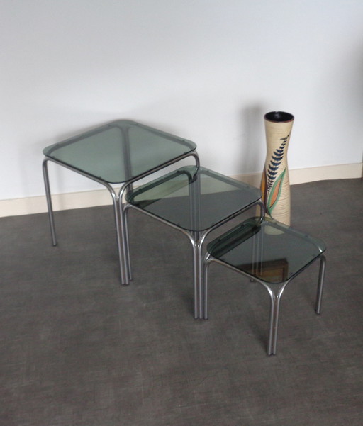 Vintage nesting tables side tables chrome tinted glass tops