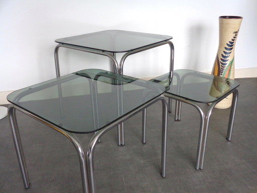 Vintage nesting tables side tables chrome tinted glass tops