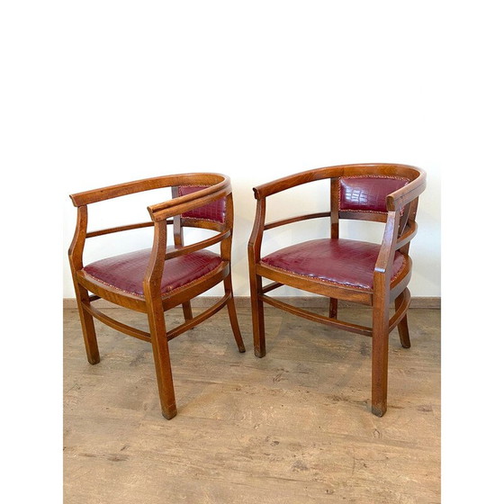 Image 1 of Set of 4 vintage Art Deco armchairs in wood and imitation leather, Italy 1940