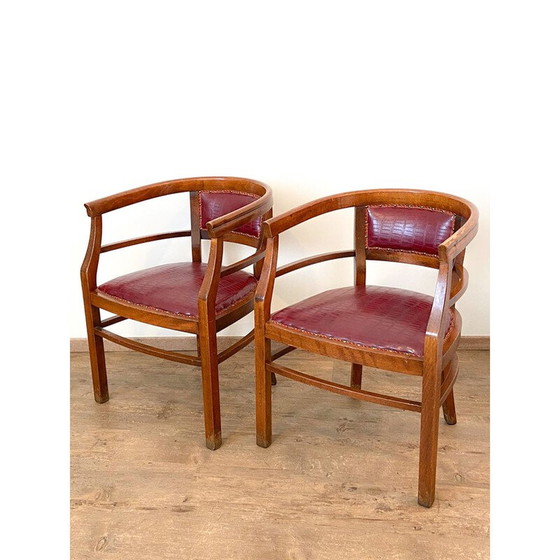 Image 1 of Set of 4 vintage Art Deco armchairs in wood and imitation leather, Italy 1940
