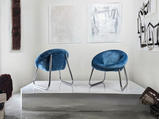 Pair of Italian Chrome and Blue Velvet Armchairs, 1970s