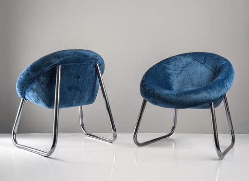 Pair of Italian Chrome and Blue Velvet Armchairs, 1970s