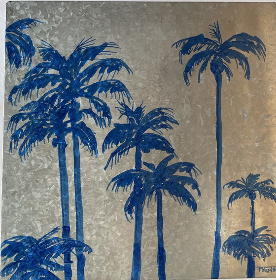 Image 1 of Tramonto a Miami, palme, dipinto a inchiostro su metallo