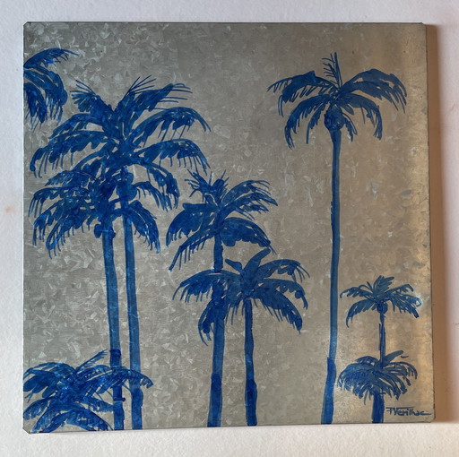 Painting Ink on Metal Palm Trees Sunset Miami