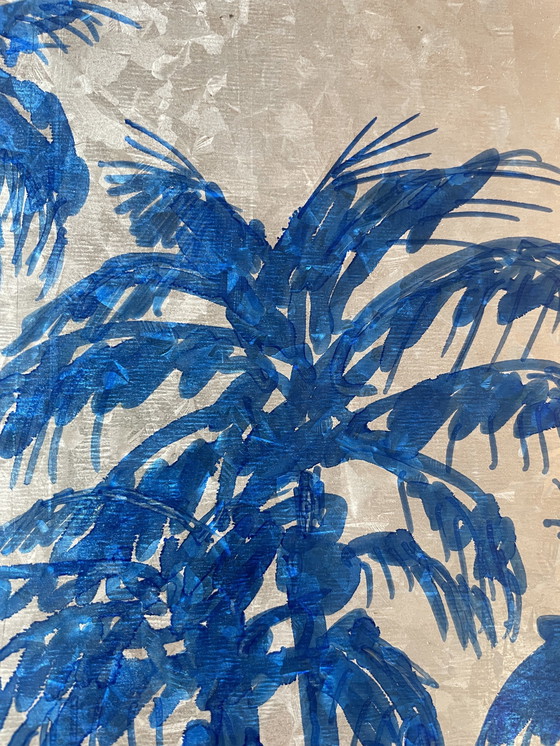 Image 1 of Tramonto a Miami, palme, dipinto a inchiostro su metallo