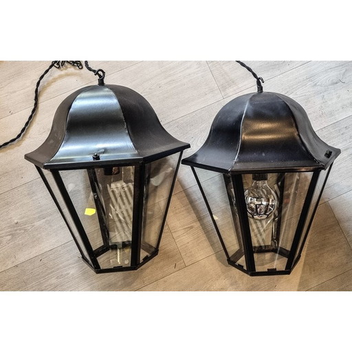Pair of vintage satin black epoxy lanterns, 1940