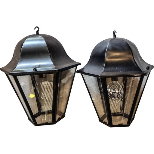 Pair of vintage satin black epoxy lanterns, 1940