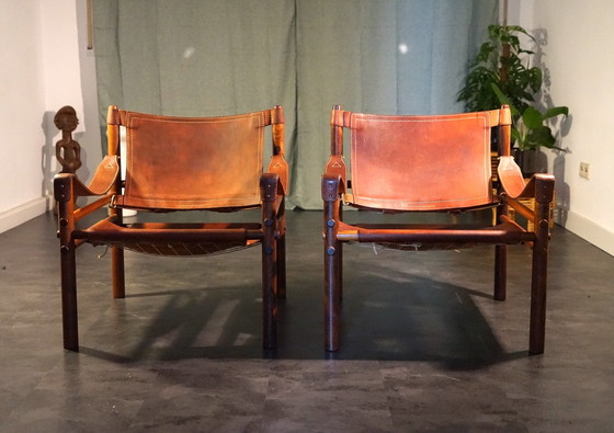 Image 1 of Scandinavian vintage Sirocco Safari teak armchair in cognac-colored leather by Arne Norell for Arne Norell Ab, 1960s, set of 2