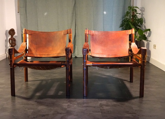 Image 1 of Scandinavian vintage Sirocco Safari teak armchair in cognac-colored leather by Arne Norell for Arne Norell Ab, 1960s, set of 2