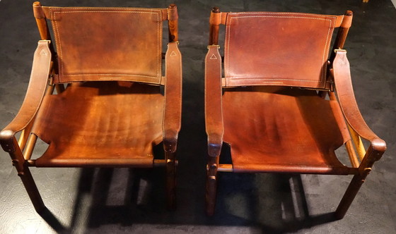 Image 1 of Scandinavian vintage Sirocco Safari teak armchair in cognac-colored leather by Arne Norell for Arne Norell Ab, 1960s, set of 2