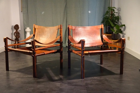 Image 1 of Scandinavian vintage Sirocco Safari teak armchair in cognac-colored leather by Arne Norell for Arne Norell Ab, 1960s, set of 2