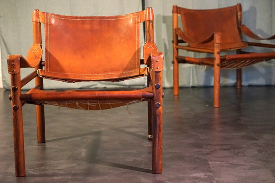 Image 1 of Scandinavian vintage Sirocco Safari teak armchair in cognac-colored leather by Arne Norell for Arne Norell Ab, 1960s, set of 2