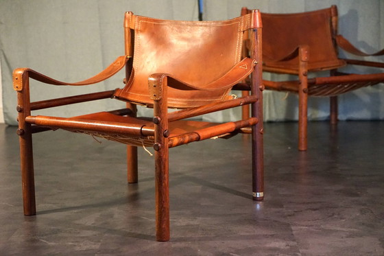 Image 1 of Scandinavian vintage Sirocco Safari teak armchair in cognac-colored leather by Arne Norell for Arne Norell Ab, 1960s, set of 2