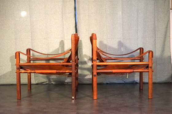 Image 1 of Scandinavian vintage Sirocco Safari teak armchair in cognac-colored leather by Arne Norell for Arne Norell Ab, 1960s, set of 2