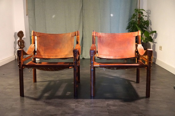 Image 1 of Scandinavian vintage Sirocco Safari teak armchair in cognac-colored leather by Arne Norell for Arne Norell Ab, 1960s, set of 2