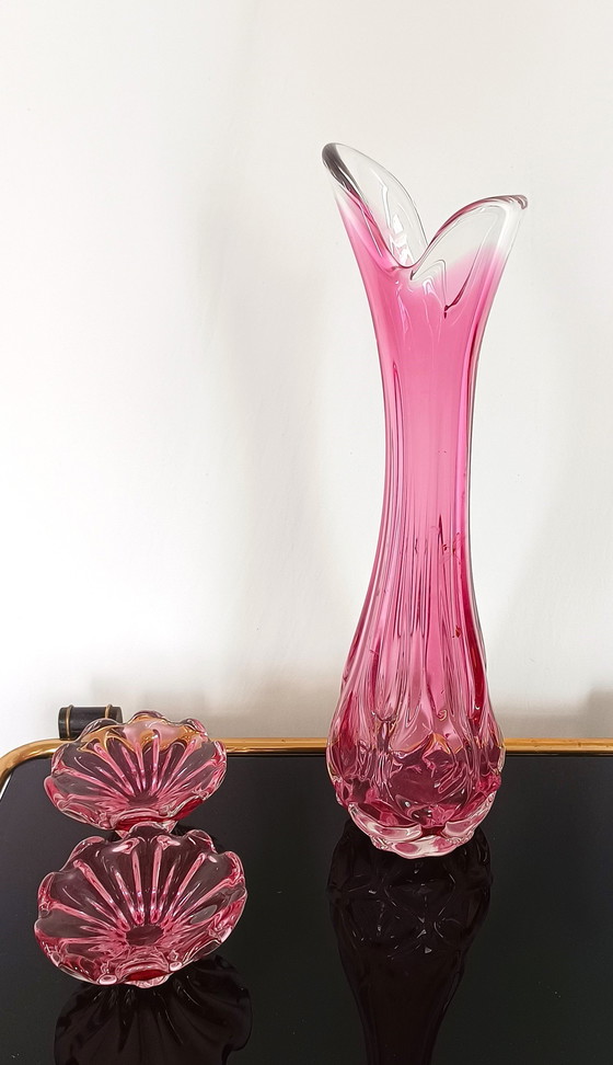 Image 1 of Egermann Large Pink Vase With Two Pink Bowls