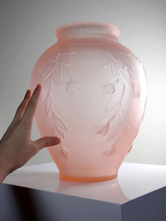 Image 1 of Large Art Deco Style Vase Molded/Pressed Pink Glass Paste