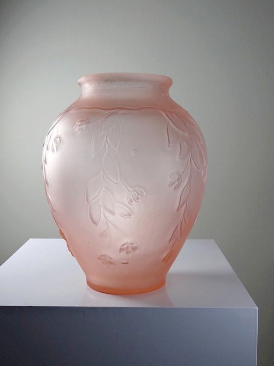 Image 1 of Large Art Deco Style Vase Molded/Pressed Pink Glass Paste