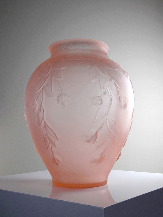 Image 1 of Large Art Deco Style Vase Molded/Pressed Pink Glass Paste