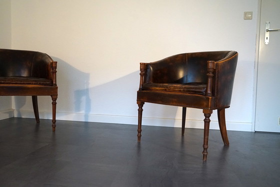 Image 1 of English vintage leather armchair in cognac, set of 2