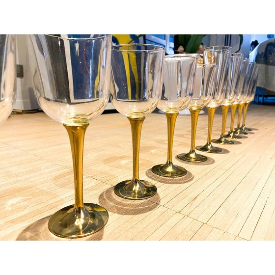 Image 1 of Set of 12 vintage Murano glass and brass boat glasses, Italy 1980