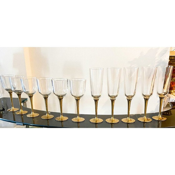 Image 1 of Set of 12 vintage Murano glass and brass boat glasses, Italy 1980