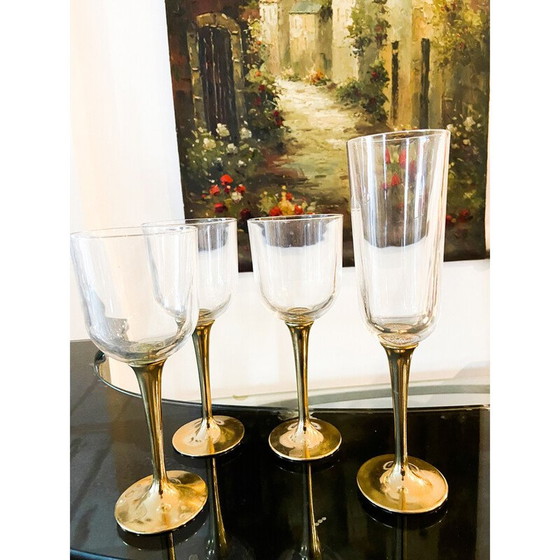 Image 1 of Set of 12 vintage Murano glass and brass boat glasses, Italy 1980
