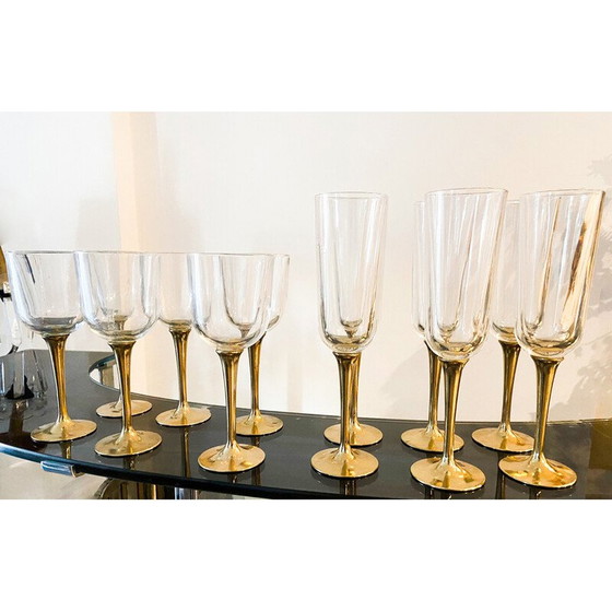 Image 1 of Set of 12 vintage Murano glass and brass boat glasses, Italy 1980