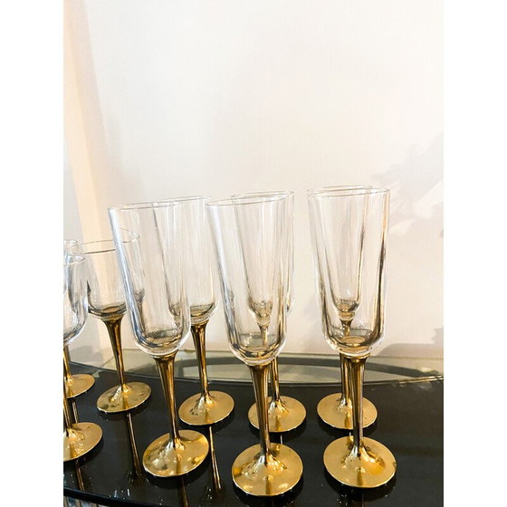 Image 1 of Set of 12 vintage Murano glass and brass boat glasses, Italy 1980
