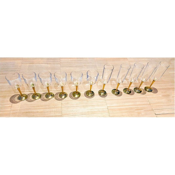 Image 1 of Set of 12 vintage Murano glass and brass boat glasses, Italy 1980