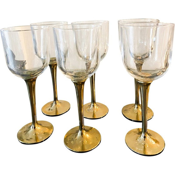 Image 1 of Set of 12 vintage Murano glass and brass boat glasses, Italy 1980