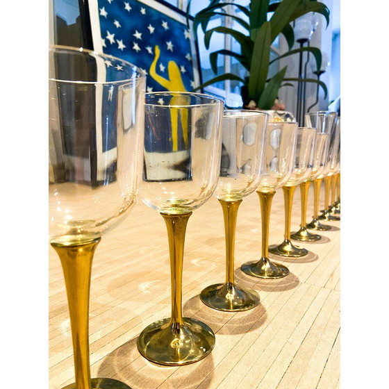 Image 1 of Set of 12 vintage Murano glass and brass boat glasses, Italy 1980