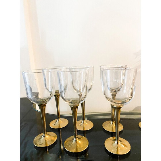 Image 1 of Set of 12 vintage Murano glass and brass boat glasses, Italy 1980