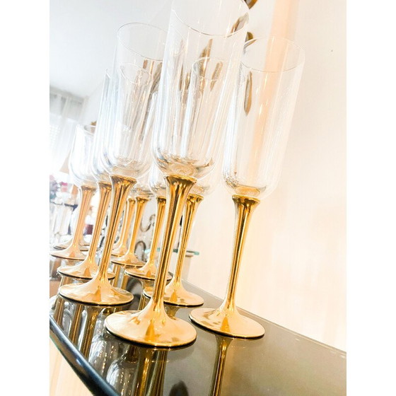 Image 1 of Set of 12 vintage Murano glass and brass boat glasses, Italy 1980