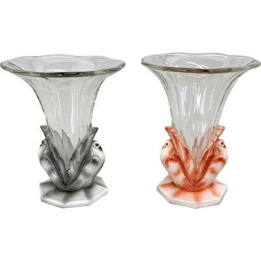 Par de jarrones vintage Art Déco de cristal color paloma de Josef Feigl para la cristalería Libochovice, Checoslovaquia, 1930