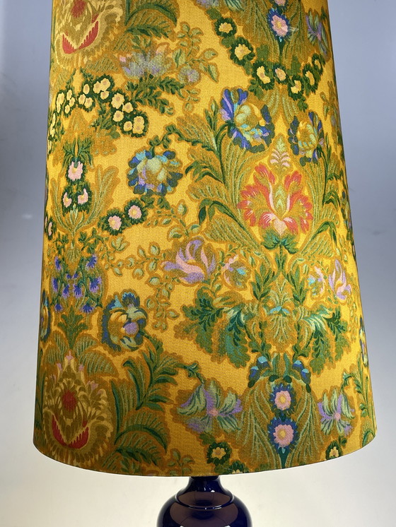 Image 1 of Table Lamp, Blue Earthenware Base, Flowered Shade. Germany 1980'S