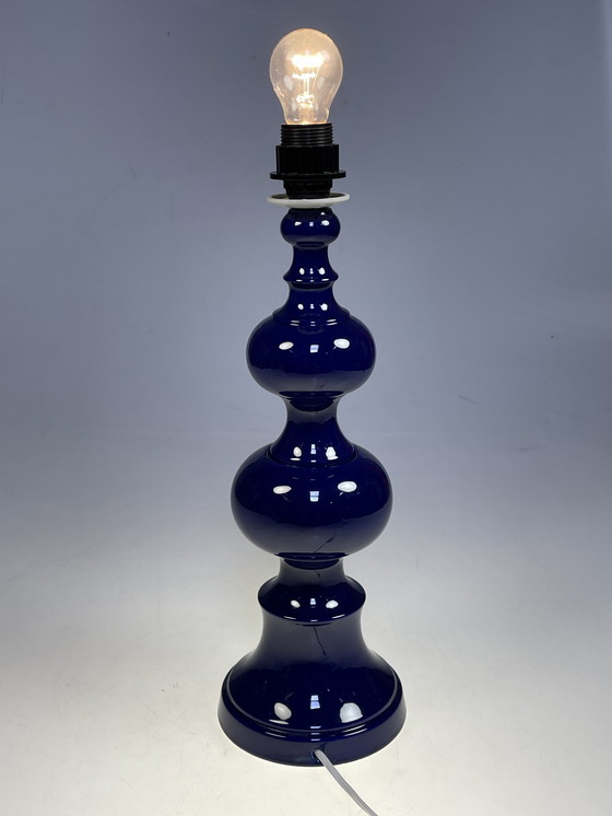 Image 1 of Table Lamp, Blue Earthenware Base, Flowered Shade. Germany 1980'S