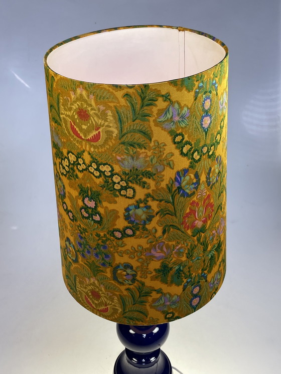 Image 1 of Table Lamp, Blue Earthenware Base, Flowered Shade. Germany 1980'S